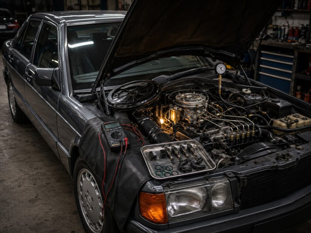 Mercedes-Benz 190E Motorraum mit Diagnosegeräten und Werkzeugen an der Seite.