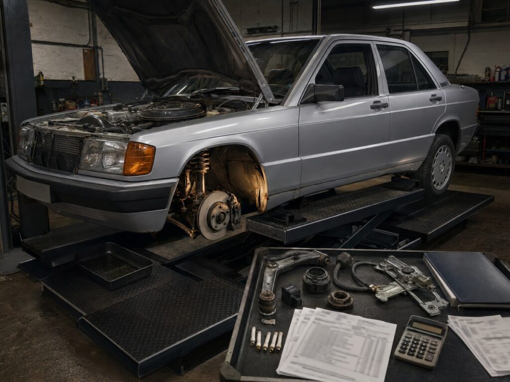 Silberner Mercedes 190E auf Reparaturhebebühne mit geöffneter Motorhaube und demontiertem Rad.