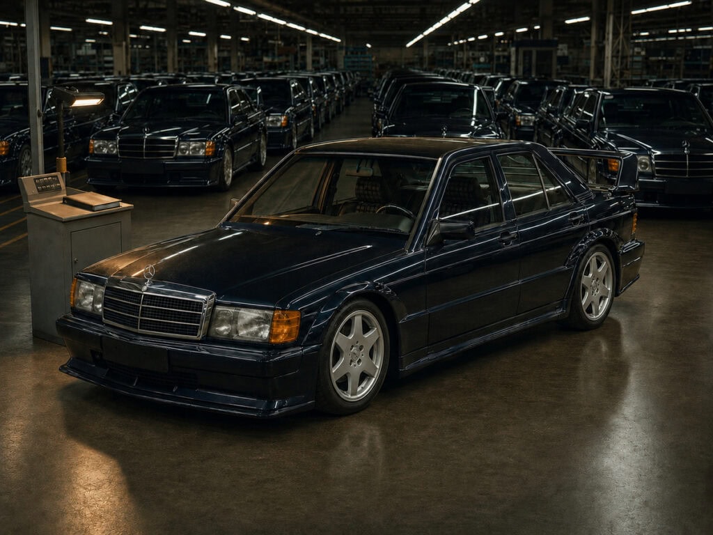 Black Mercedes-Benz 190E Evolution II in a factory setting with other cars.