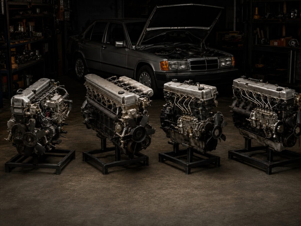 Collection of four Mercedes-Benz 190E engines in a workshop setting.