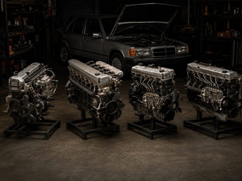 Collection of four Mercedes-Benz 190E engines in a workshop setting.