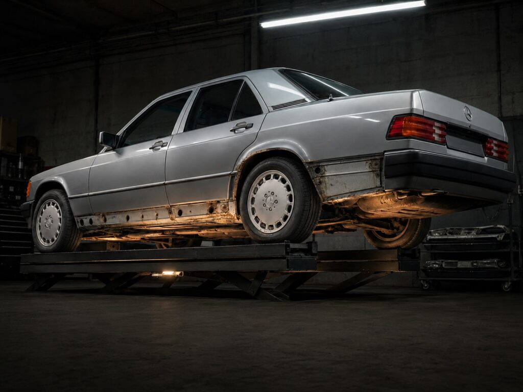 Mercedes 190E mit Rostschäden am Unterboden und an den Radläufen.