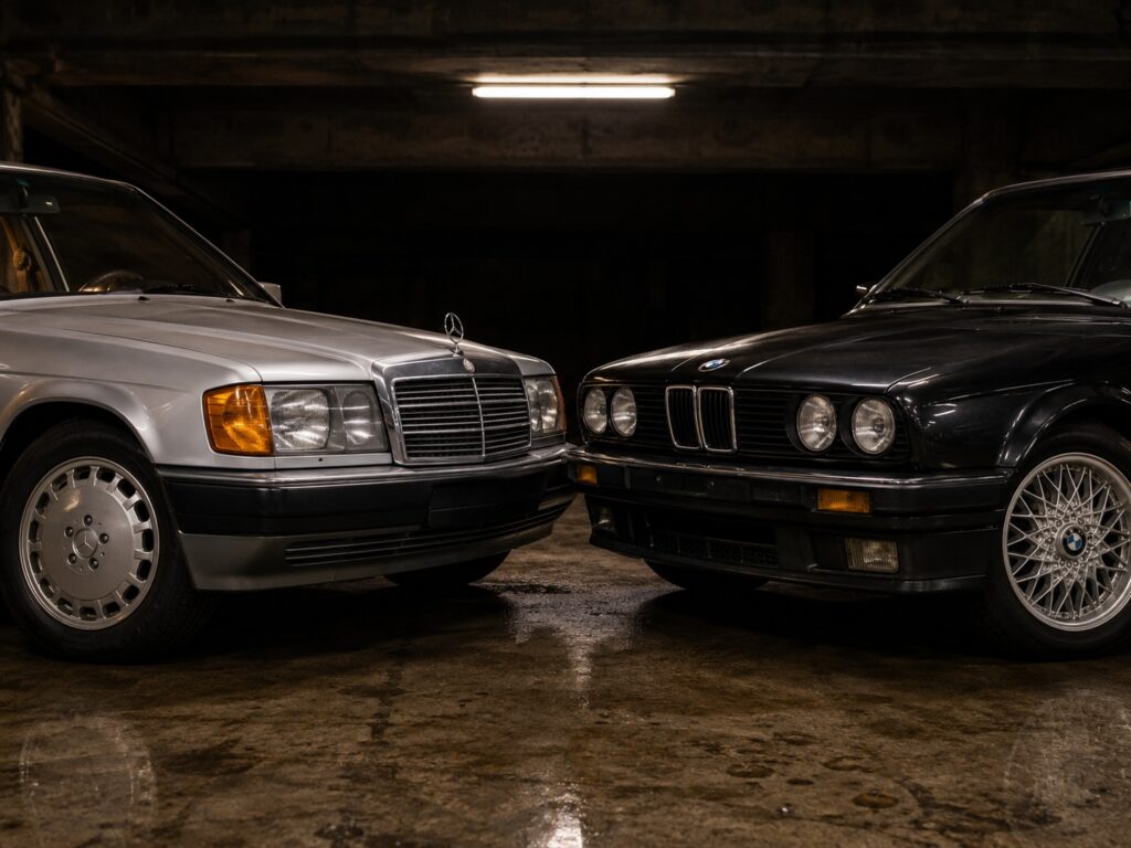 Mercedes 190E et BMW E30 classiques garées dans un parking souterrain.
