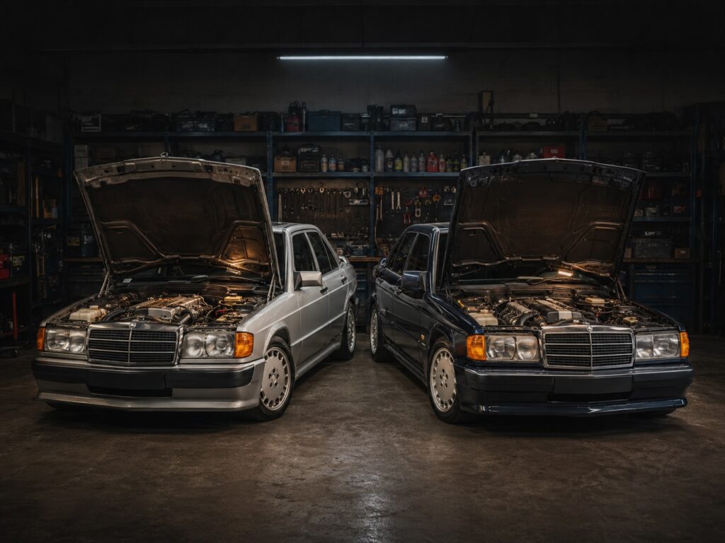 Zwei Mercedes 190E Cosworth Autos mit geöffneten Motorhauben in einer Garage.