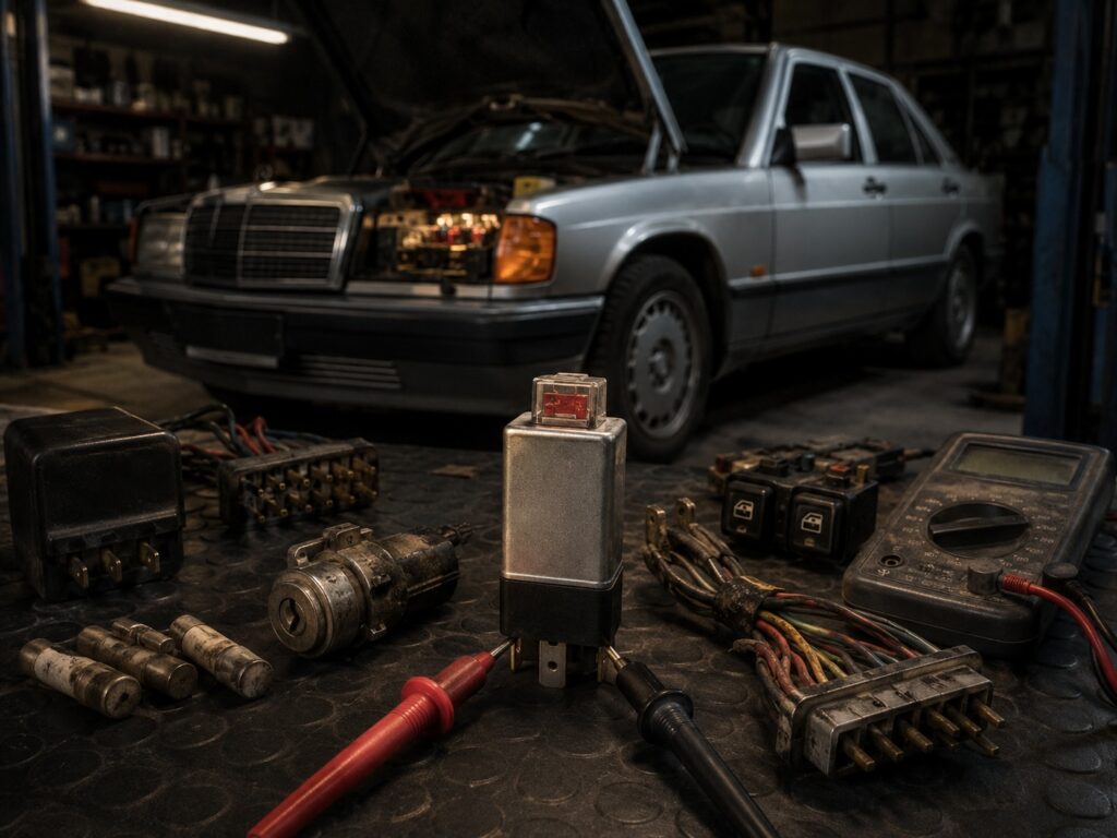 Voiture Mercedes-Benz W201 avec outils et pièces de réparation électrique.